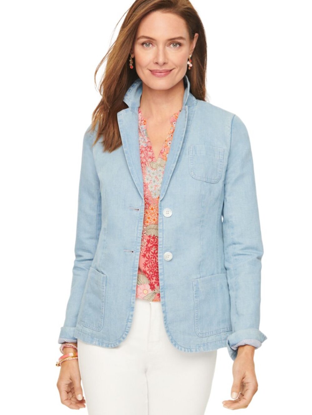 Talbots Casual Cotton Denim Blazer Suit Jacket Womens 10P Blue Preppy Career NWT